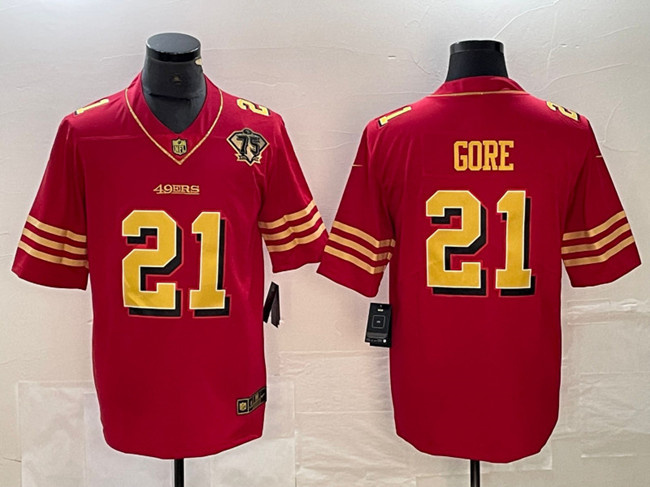 Men's San Francisco 49ers #21 Frank Gore Red Gold With 75th Patch Vapor Untouchable Limited Stitched Jersey Men's San Francisco 49ers #21 Frank Gore Red Gold With 75th Patch Vapor Untouchable Limited Stitched Jersey